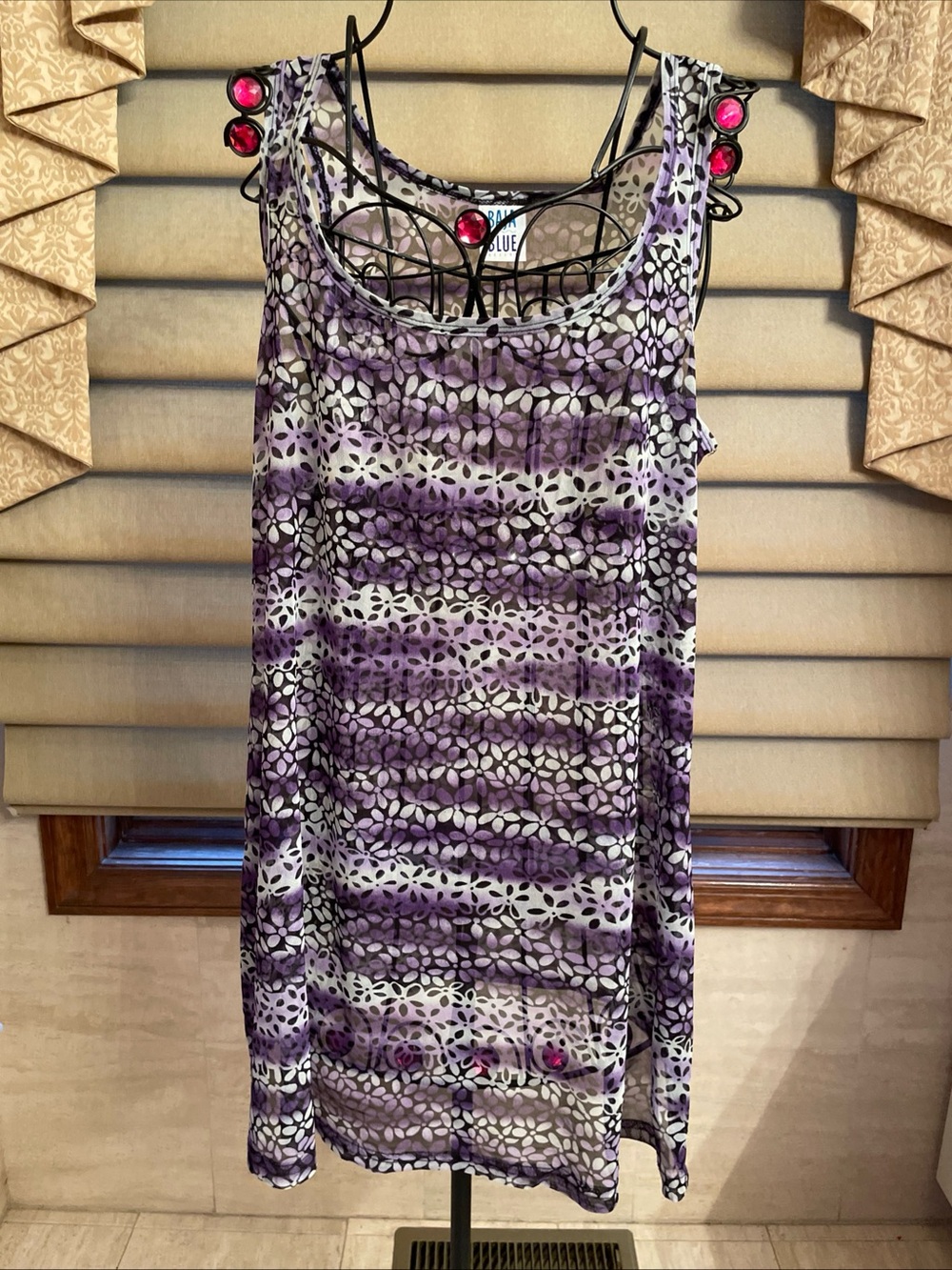 Baja Blue Resort Sheer Boho Purple Floral Print Tank Dress Coverup Size Large